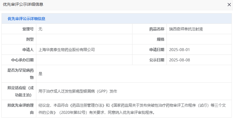 华奥泰瑞西奇拜单抗拟纳入优先审评，为GPP患者带来新希望